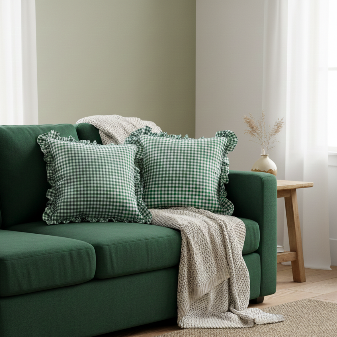 Soot Studio Cotton Blend Green Checked Cushion Covers Pack of 2, Size 16x16 inches