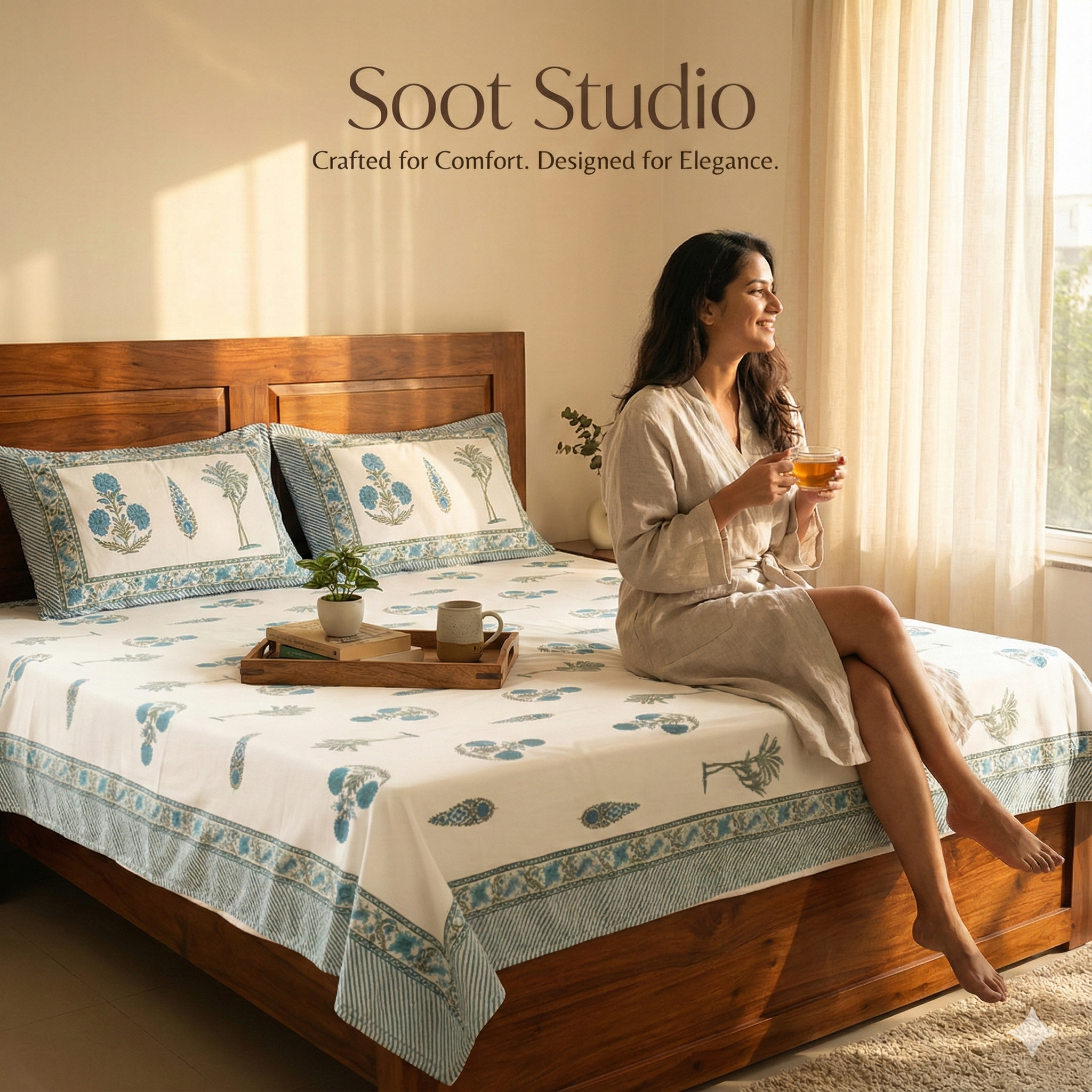 Soot Studio Blue Meadow Hand block Print Cotton Bedsheet with 2 Pillow Covers 210 TC Size 90x108